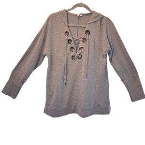 Cable & Gauge Gray Grommets Lace-Up Neck Hooded Pullover Sweatshirt Size Large